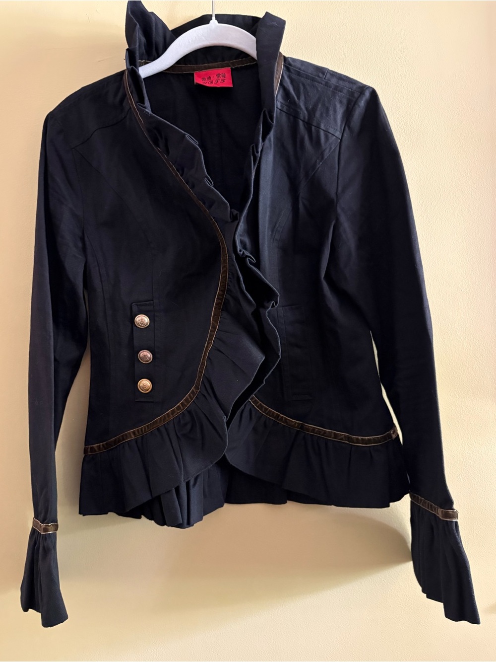 Sassy Black Jacket with a bit of ruffle and velvet trim detail, large